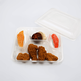 Klassische einlagige Einweg-Lebensmittelbox aus PP mit 4 Fächern zum Mitnehmen